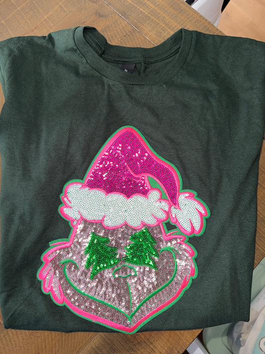 Grinchy Sequin Patch - Green tee