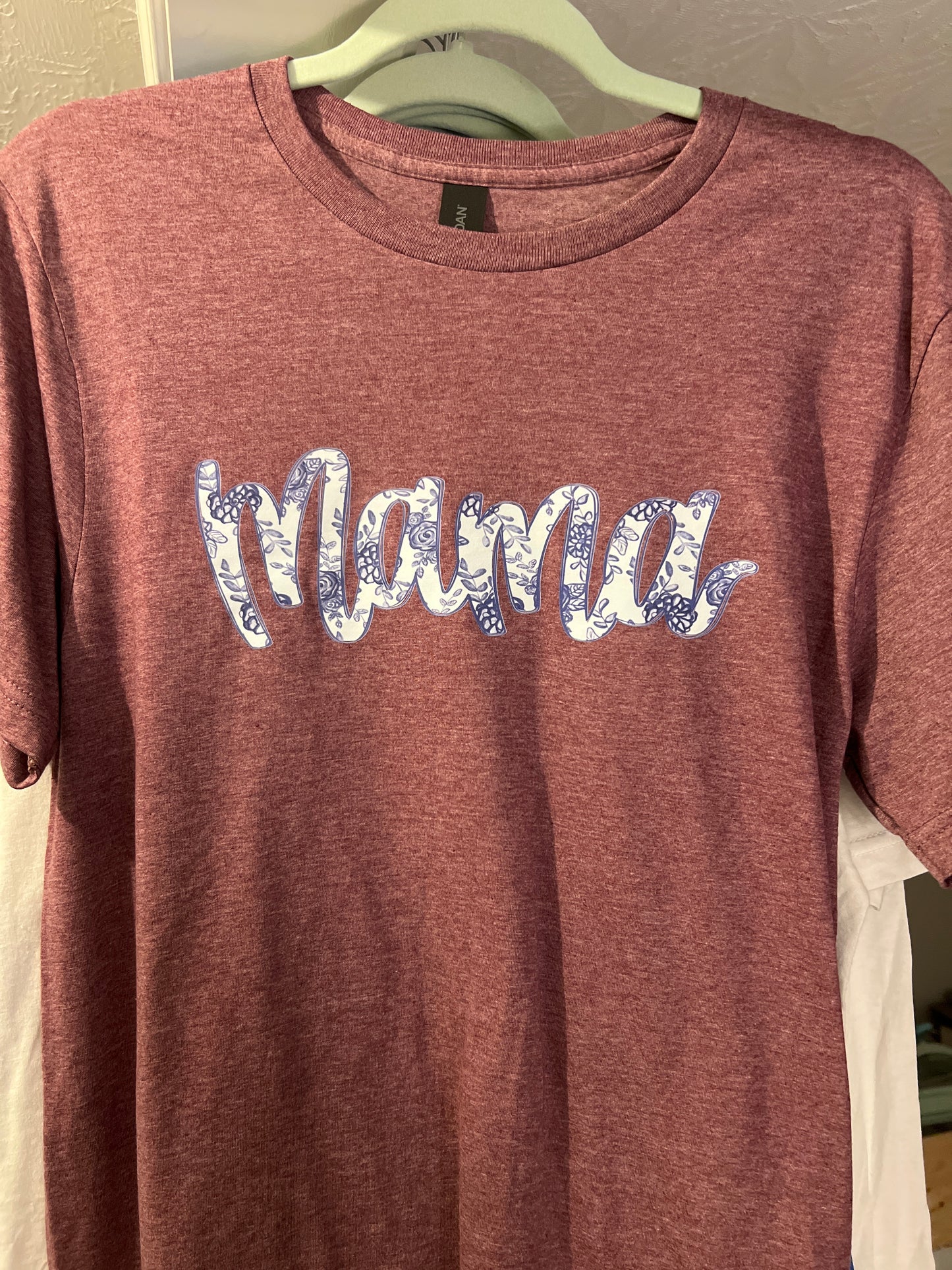 Blue Floral Mama on Maroon tee