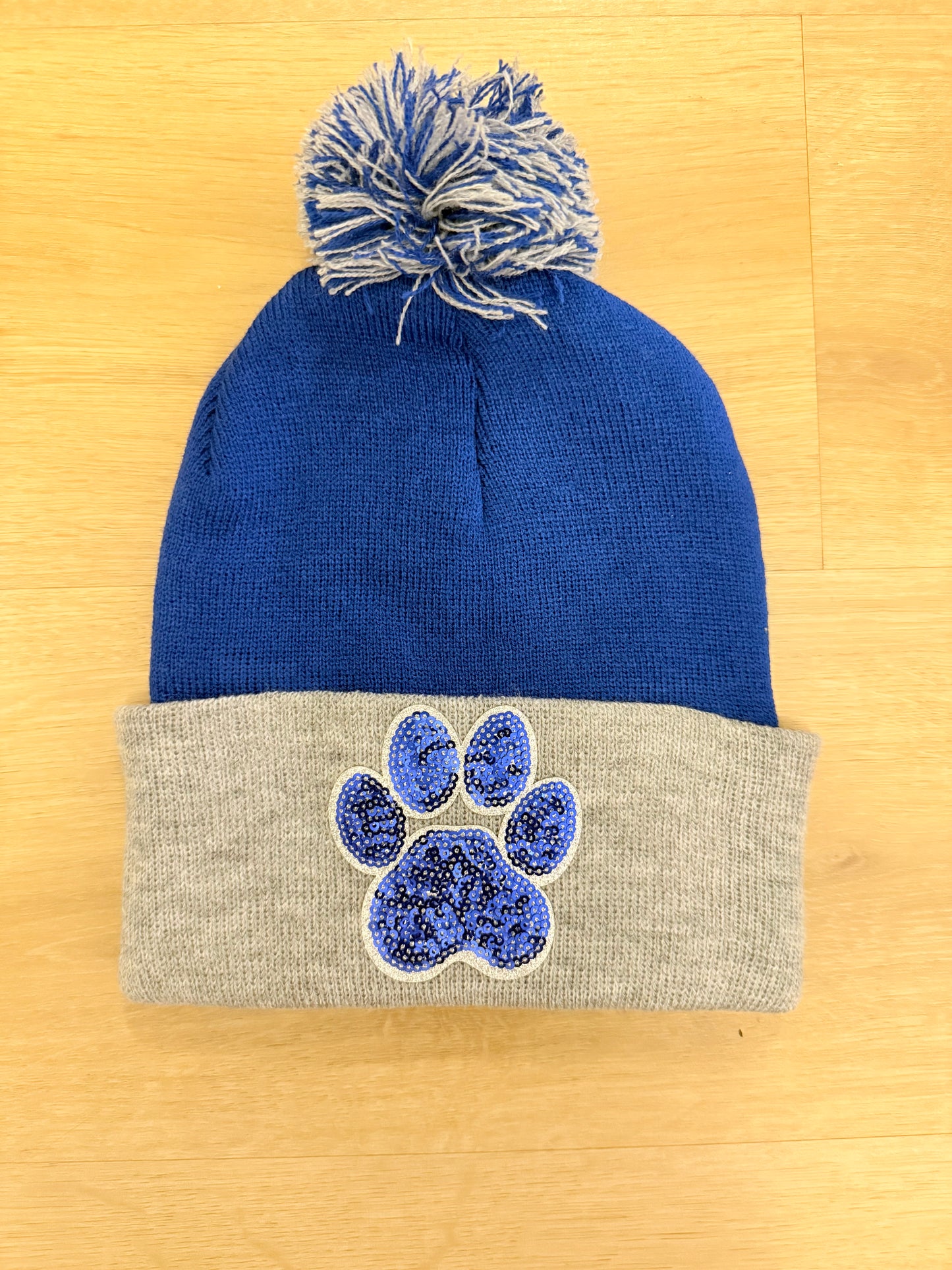 Pom Beanie - Paw Print sequin patch