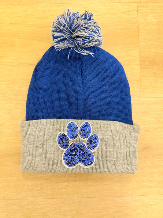 Pom Beanie - Paw Print sequin patch