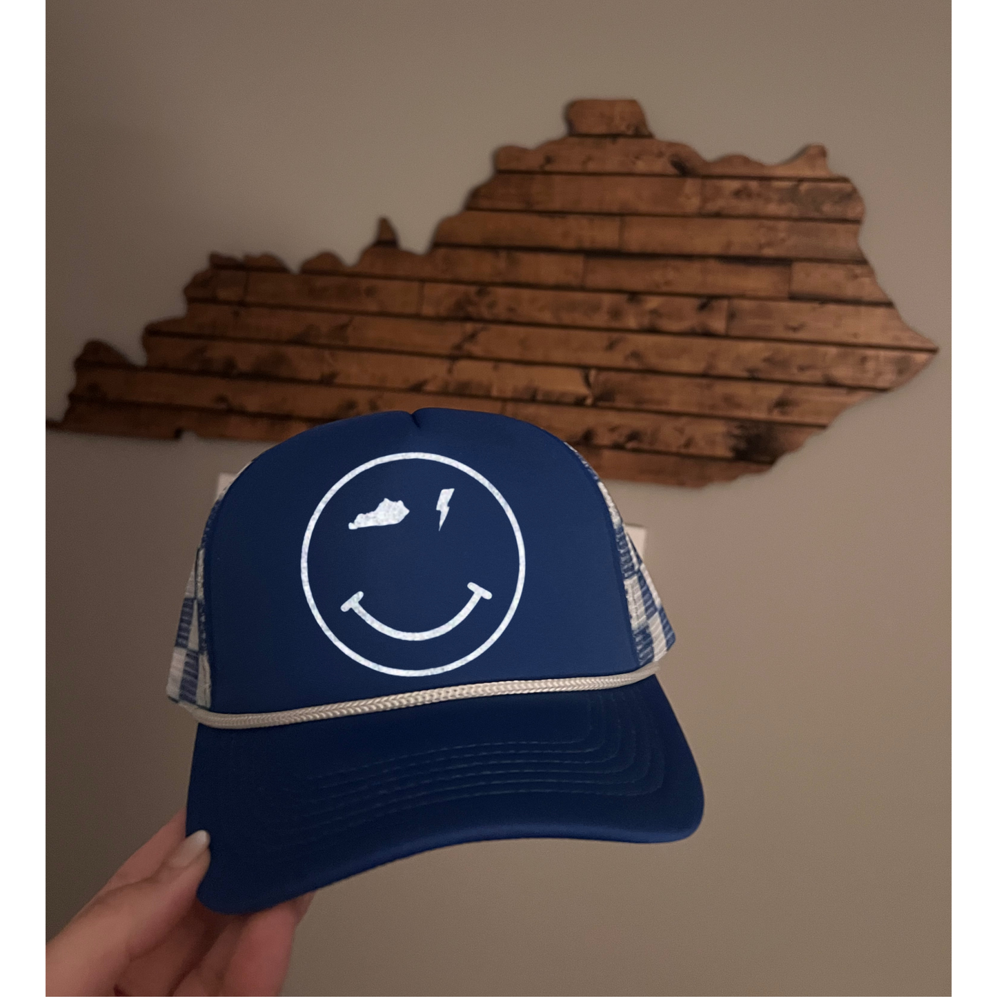 KY Wink Smiley Checkered Trucker Hat