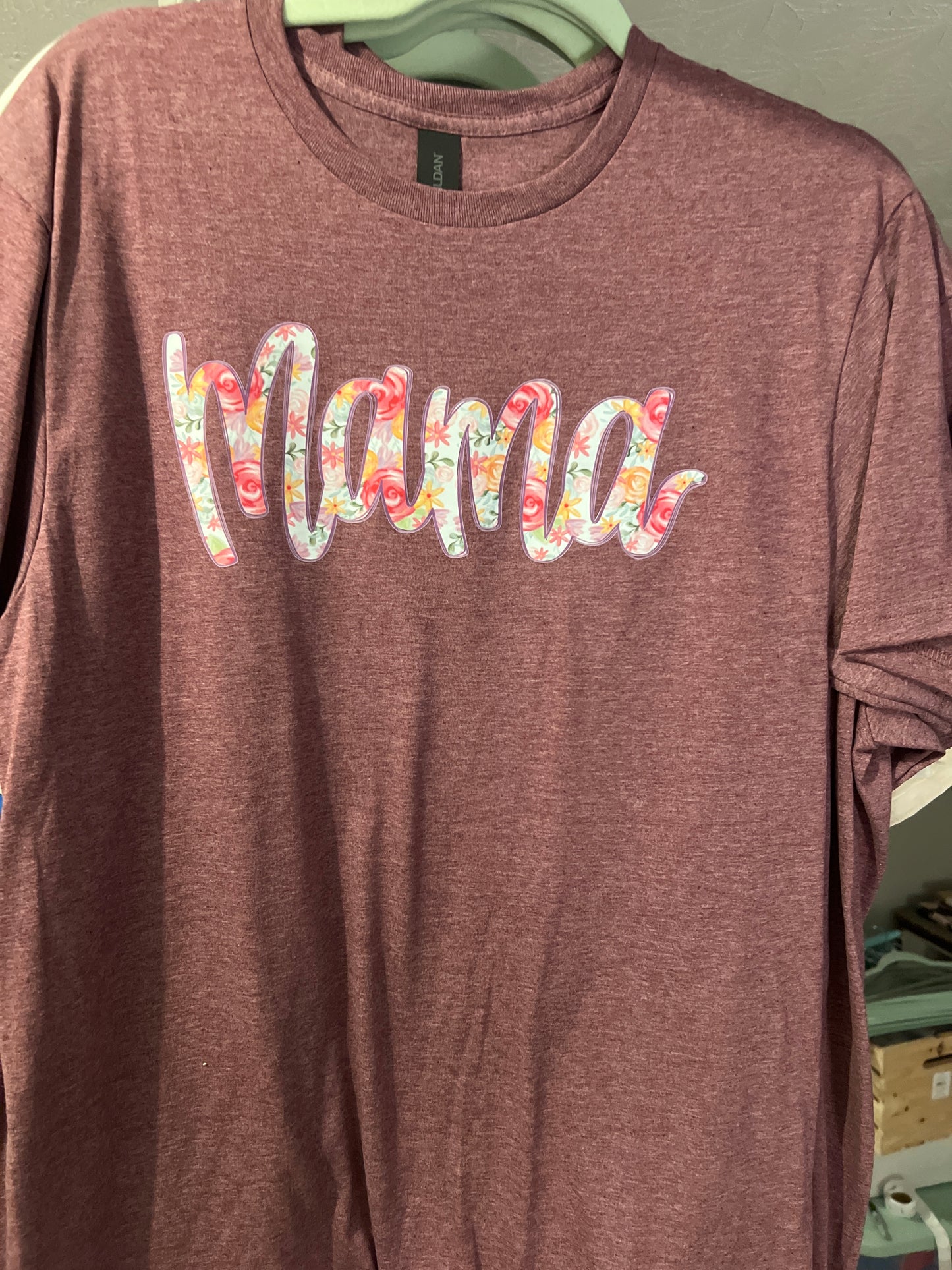 Bright Floral Mama on maroon tee