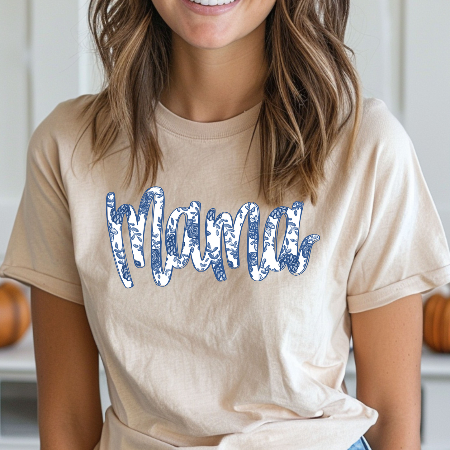 Blue Floral Mama on Ivory tee