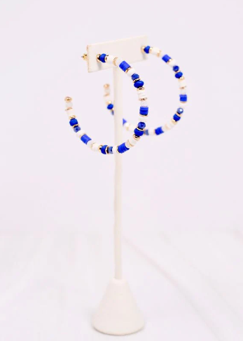 Royal Blue, White & Gold Beaded Hoops